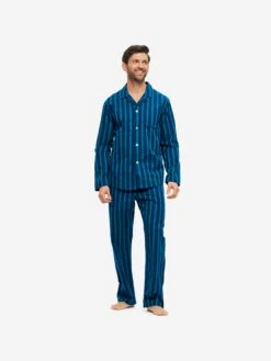 Men's Modern Fit Pyjamas Royal 218 Cotton Navy 11 Men's Modern Fit Pyjamas Royal 218 Cotton Navy -Derek Rose Shop mens modern fit pyjamas royal 218 cotton satin navy front