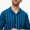 Men's Modern Fit Pyjamas Royal 218 Cotton Navy -Derek Rose Shop mens modern fit pyjamas royal 218 cotton satin navy front close up