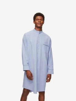 Men's Nightshirt Arran 24 Brushed Cotton Blue -Derek Rose Shop mens nightshirt arran 24 brushed cotton blue front