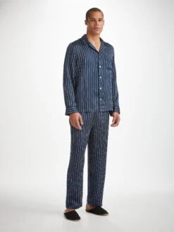 Men's Pyjamas Brindisi 102 Silk Satin Navy -Derek Rose Shop mens pyjamas brindisi 102 silk satin navy front