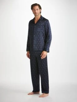 Men's Pyjamas Brindisi 103 Silk Satin Navy -Derek Rose Shop mens pyjamas brindisi 103 silk satin navy front