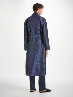 Men's Dressing Gown Verona 66 Silk Satin Navy -Derek Rose Shop mens robe verona 66 silk satin navy back