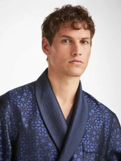 Men's Dressing Gown Verona 66 Silk Satin Navy -Derek Rose Shop mens robe verona 66 silk satin navy collar