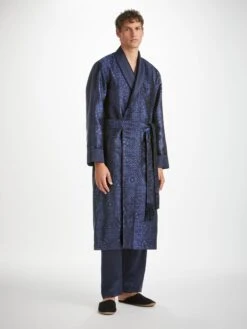 Men's Dressing Gown Verona 66 Silk Satin Navy -Derek Rose Shop mens robe verona 66 silk satin navy front
