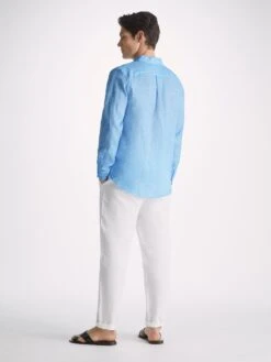 Men's Shirt Milan 21 Linen Blue -Derek Rose Shop mens shirt milan 21 linen blue back