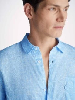 Men's Shirt Milan 21 Linen Blue -Derek Rose Shop mens shirt milan 21 linen blue collar