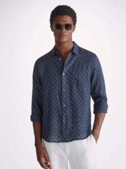 Men's Shirt Milan 22 Linen Navy -Derek Rose Shop mens shirt milan 22 linen navy creative