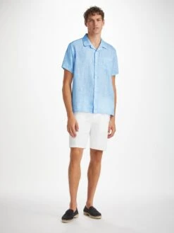 Men's Shirt Milan 23 Linen Blue 9 Men's Shirt Milan 23 Linen Blue -Derek Rose Shop mens shirt milan 23 linen blue front