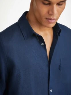 Men's Shirt Monaco 2 Linen Navy -Derek Rose Shop mens shirt monaco 2 linen navy neck