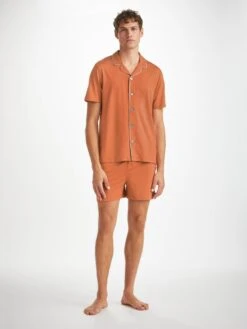 Men's Short Pyjamas Basel Micro Modal Stretch Terracotta -Derek Rose Shop mens short pajamas basel micro modal stretch orange front