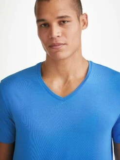 Men's V-Neck T-Shirt Basel Micro Modal Stretch Azure Blue -Derek Rose Shop mens v neck t shirt basel micro modal stretch blue neckline