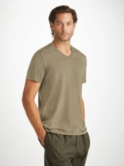 Men's V-Neck T-Shirt Basel Micro Modal Stretch Khaki -Derek Rose Shop mens v neck t shirt basel micro modal stretch khaki creative