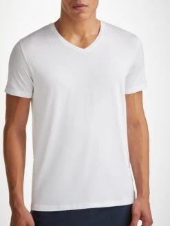 Men's V-Neck T-Shirt Basel Micro Modal Stretch White 15 Men's V-Neck T-Shirt Basel Micro Modal Stretch White -Derek Rose Shop mens v neck t shirt basel micro modal stretch white crop