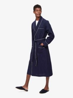 Men's Dressing Gown Royal 40 Cotton Navy -Derek Rose Shop mens dressing gown royal 40 cotton satin navy front