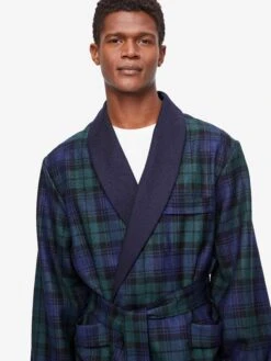 Men's Smoking Jacket Tartan Wool Black Watch Navy -Derek Rose Shop mens smoking jacket tartan wool black watch navy chest