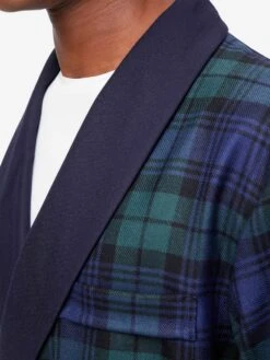 Men's Smoking Jacket Tartan Wool Black Watch Navy -Derek Rose Shop mens smoking jacket tartan wool black watch navy collar