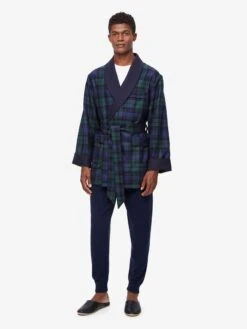 Men's Smoking Jacket Tartan Wool Black Watch Navy -Derek Rose Shop mens smoking jacket tartan wool black watch navy front