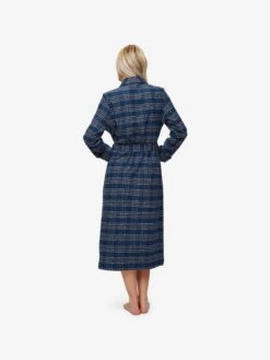 Women's Long Dressing Gown Kelburn 30 Brushed Cotton Navy -Derek Rose Shop womens dressing gown kelburn 30 brushed cotton navy back