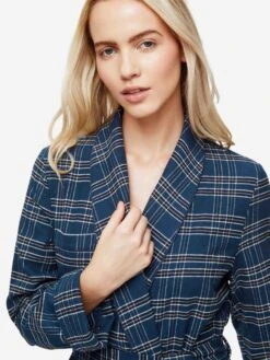 Women's Long Dressing Gown Kelburn 30 Brushed Cotton Navy -Derek Rose Shop womens dressing gown kelburn 30 brushed cotton navy collar