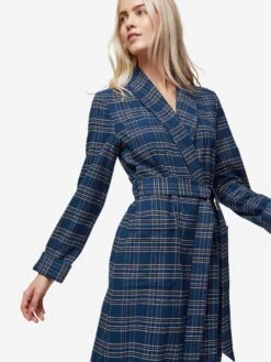 Women's Long Dressing Gown Kelburn 30 Brushed Cotton Navy