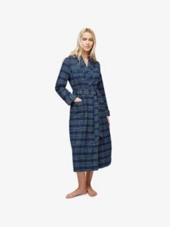 Women's Long Dressing Gown Kelburn 30 Brushed Cotton Navy -Derek Rose Shop womens dressing gown kelburn 30 brushed cotton navy front