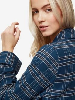 Women's Long Dressing Gown Kelburn 30 Brushed Cotton Navy -Derek Rose Shop womens dressing gown kelburn 30 brushed cotton navy shoulder