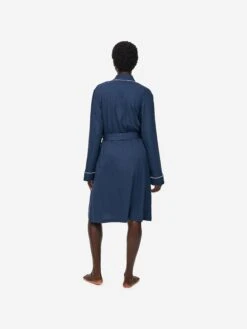 Women's Dressing Gown Lara Micro Modal Stretch Navy -Derek Rose Shop womens dressing gown lara micro modal stretch navy back