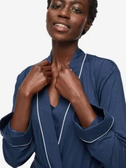 Women's Dressing Gown Lara Micro Modal Stretch Navy -Derek Rose Shop womens dressing gown lara micro modal stretch navy collar