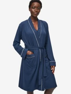 Women's Dressing Gown Lara Micro Modal Stretch Navy -Derek Rose Shop womens dressing gown lara micro modal stretch navy front close up