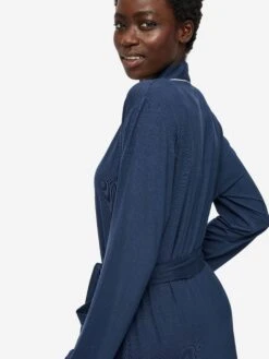 Women's Dressing Gown Lara Micro Modal Stretch Navy -Derek Rose Shop womens dressing gown lara micro modal stretch navy shoulder