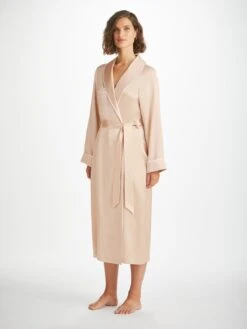Women's Long Dressing Gown Bailey Silk Satin Champagne 9 Women's Long Dressing Gown Bailey Silk Satin Champagne -Derek Rose Shop womens long dressing gown bailey 3 silk satin cream front
