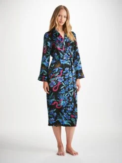 Women's Long Dressing Gown Brindisi 101 Silk Satin Black -Derek Rose Shop womens long dressing gown brindisi 101 silk satin black front