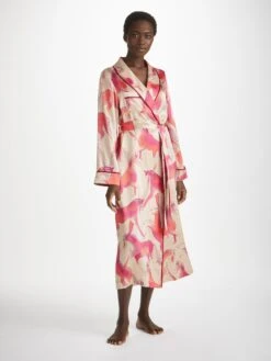 Women's Long Dressing Gown Brindisi 96 Silk Satin Cream -Derek Rose Shop womens long dressing gown brindisi 96 silk satin cream front