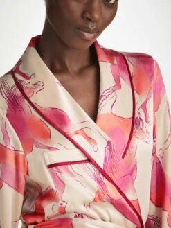 Women's Long Dressing Gown Brindisi 96 Silk Satin Cream -Derek Rose Shop womens long dressing gown brindisi 96 silk satin cream neckline