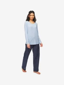 Women's Long Sleeve T-Shirt Ethan Micro Modal Stretch Blue Heather -Derek Rose Shop womens long sleeve t shirt ethan micro modal blue front