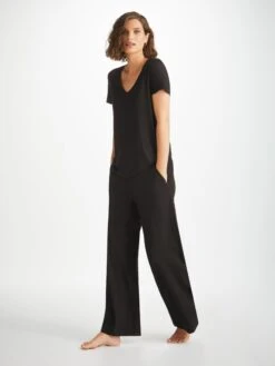 Women's Lounge Trousers Basel Micro Modal Stretch Black -Derek Rose Shop womens lounge trousers basel micro modal stretch black walk