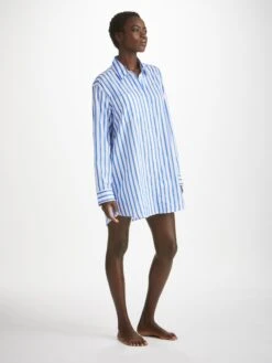 Women's Nightshirt Capri 23 Cotton Batiste Blue 9 Women's Nightshirt Capri 23 Cotton Batiste Blue -Derek Rose Shop womens nightshirt capri 23 cotton batiste blue front