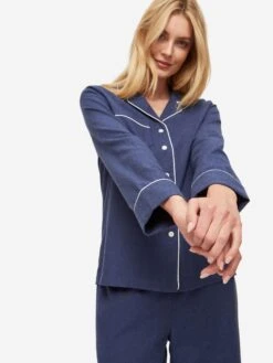 Women's Pyjamas Balmoral 3 Brushed Cotton Navy 12 Women's Pyjamas Balmoral 3 Brushed Cotton Navy -Derek Rose Shop womens pyjamas balmoral 3 brushed cotton navy sleeve
