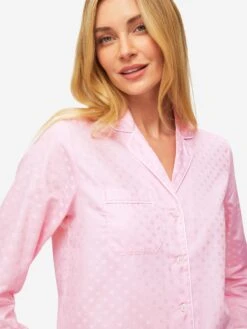Women's Pyjamas Kate 7 Cotton Jacquard Pink 14 Women's Pyjamas Kate 7 Cotton Jacquard Pink -Derek Rose Shop womens pyjamas kate 7 cotton jacquard pink collar close up