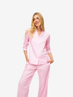 Women's Pyjamas Kate 7 Cotton Jacquard Pink 13 Women's Pyjamas Kate 7 Cotton Jacquard Pink -Derek Rose Shop womens pyjamas kate 7 cotton jacquard pink front close up