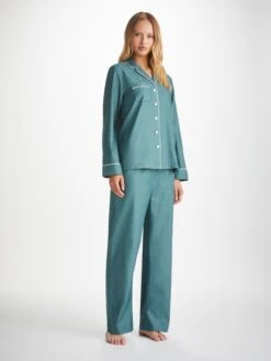 Women's Pyjamas Kate 9 Cotton Jacquard Teal -Derek Rose Shop womens pyjamas kate 9 cotton jacquard teal front