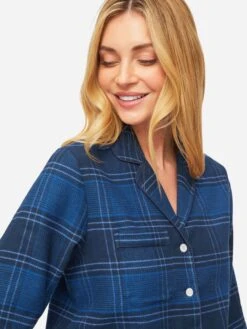 Women's Pyjamas Kelburn 27 Brushed Cotton Navy 14 Women's Pyjamas Kelburn 27 Brushed Cotton Navy -Derek Rose Shop womens pyjamas kelburn 27 brushed cotton navy collar front close up