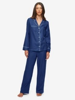 Women's Pyjamas Lombard 6 Cotton Jacquard Navy 12 Women's Pyjamas Lombard 6 Cotton Jacquard Navy -Derek Rose Shop womens pyjamas lombard 6 cotton jacquard navy front