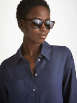Women's Shirt Sicily Linen Navy -Derek Rose Shop womens shirt sicily linen navy collar
