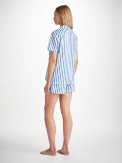 Women's Short Pyjamas Capri 23 Cotton Batiste Blue -Derek Rose Shop womens short pyjamas capri 23 cotton batiste blue back
