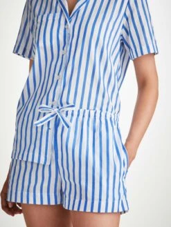 Women's Short Pyjamas Capri 23 Cotton Batiste Blue -Derek Rose Shop womens short pyjamas capri 23 cotton batiste blue crop