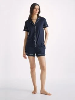 Women's Short Pyjamas Lara Micro Modal Stretch Navy -Derek Rose Shop womens short pyjamas lara micro modal stretch navy front