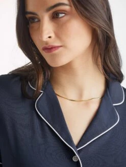 Women's Short Pyjamas Lara Micro Modal Stretch Navy -Derek Rose Shop womens short pyjamas lara micro modal stretch navy piping