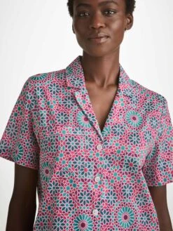 Women's Short Pyjamas Ledbury 69 Cotton Batiste Pink -Derek Rose Shop womens short pyjamas ledbury 69 cotton batiste pink collar