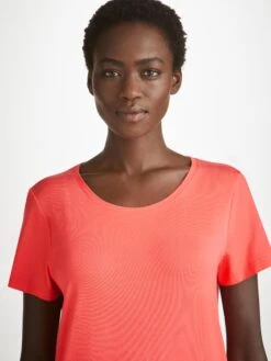 Women's T-Shirt Lara Micro Modal Stretch Coral 11 Women's T-Shirt Lara Micro Modal Stretch Coral -Derek Rose Shop womens t shirt lara micro modal stretch pink 1 neckline